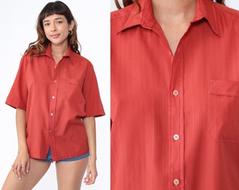 Rust Red 70s Shirt Button Down Shirt Pointed Collar Hippie Disco Top Plain Short Sleeve Chest Pocket Vintage 1970s Men's Medium 15 15 1/2