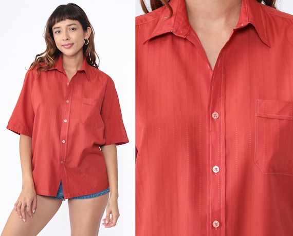 Rust Red 70s Shirt Button Down Shirt Pointed Collar Hippie Disco Top Plain Short Sleeve Chest Pocket Vintage 1970s Men's Medium 15 15 1/2