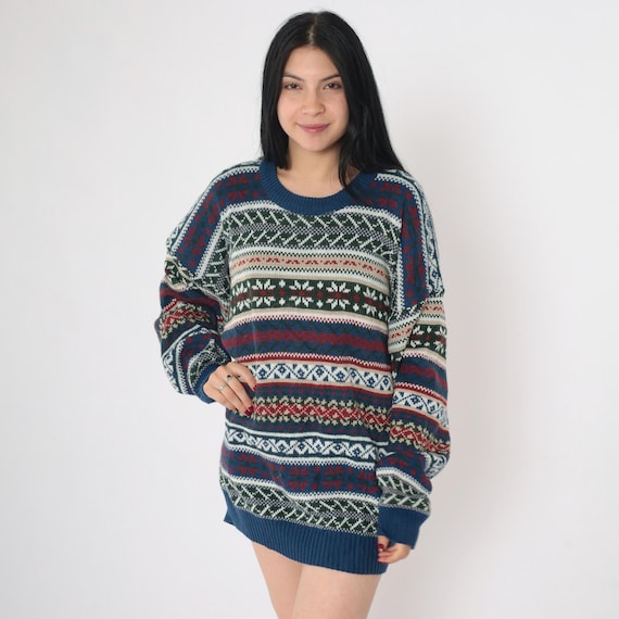 90s Fair Isle Sweater Knit Geometric Snowflake Print Striped Pullover Jumper Navy Blue Green Vintage 1990s Acrylic 2xl