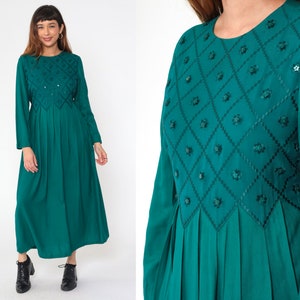 Robe fleurie verte des années 90 robe brodée Maxi bohème bouton étoile vintage plissé taille haute ceinture attachée grunge manches longues rayonne petit 6 image 1