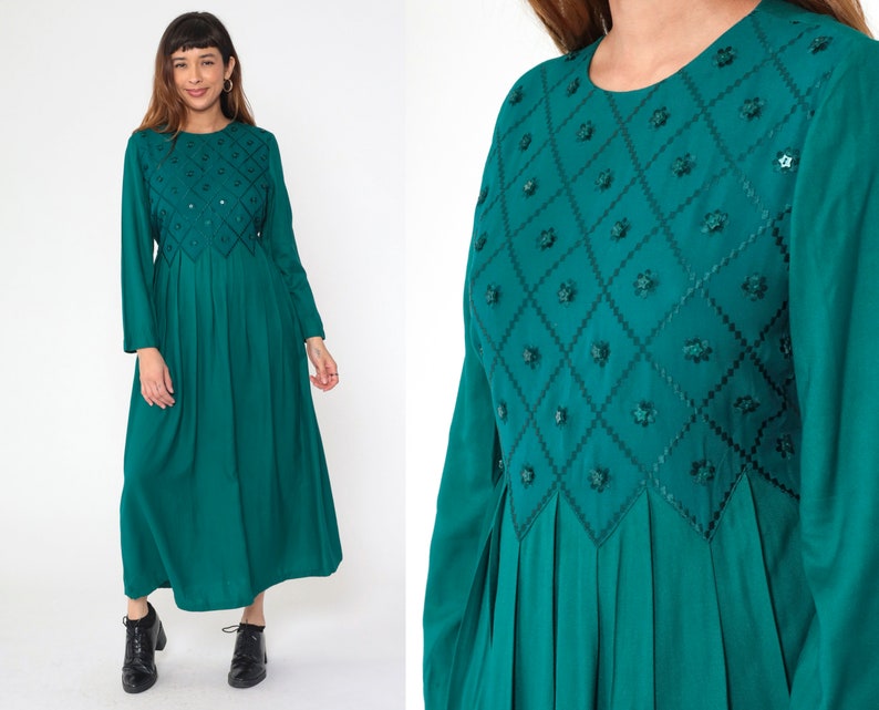 Robe fleurie verte des années 90 robe brodée Maxi bohème bouton étoile vintage plissé taille haute ceinture attachée grunge manches longues rayonne petit 6 image 1