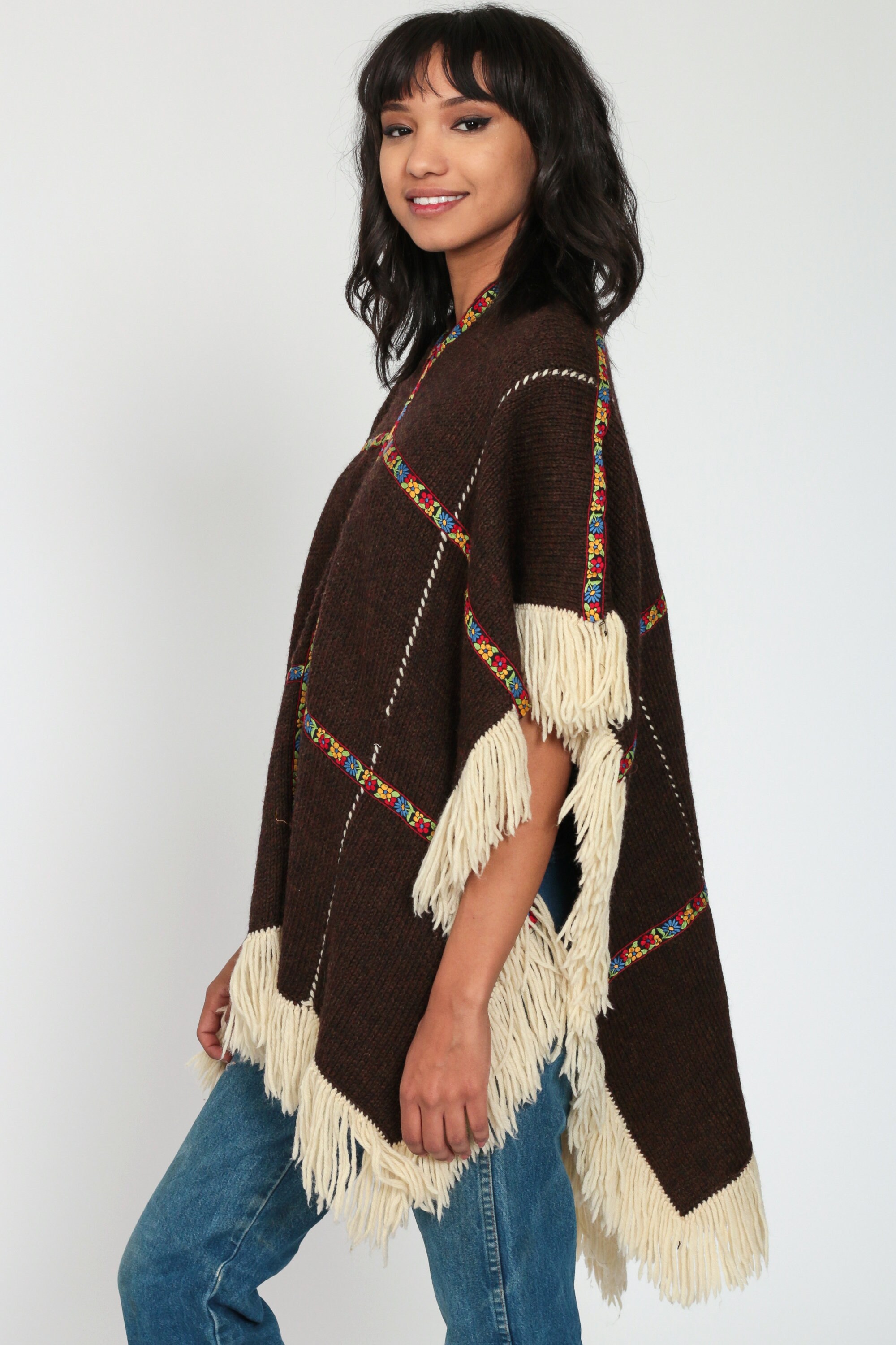 Hippie Poncho Jacket 70s FRINGE Shawl Brown Boho Cape Blanket 1970s Bohemian Vintage Festival 