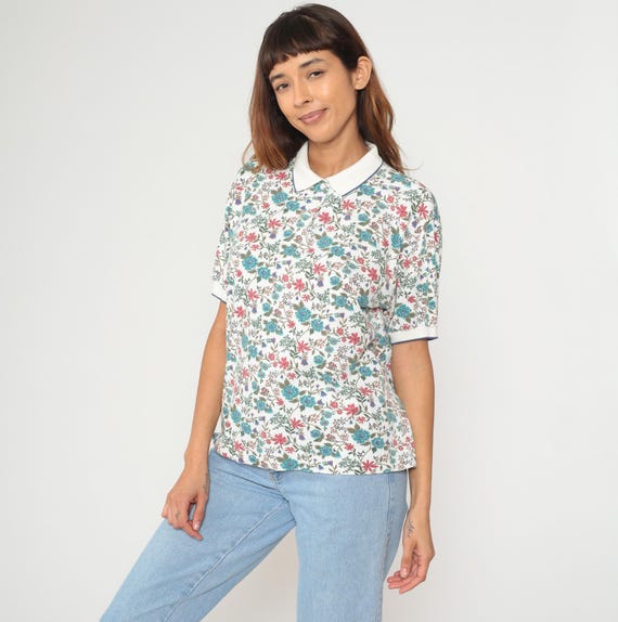 White Floral Collar Top 90s Cottagecore Peter Pan Short Sleeve Blouse Vintage Coquette Style Summer Shirt Casual Objectives Large L