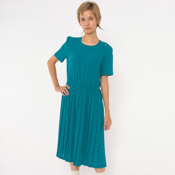 80s Teal Pleated Dress Leslie Fay Midi Short Sleeve Elastic Waist Shoulder Button Accordion Pleat Skirt Blue Green Office Vintage Small S