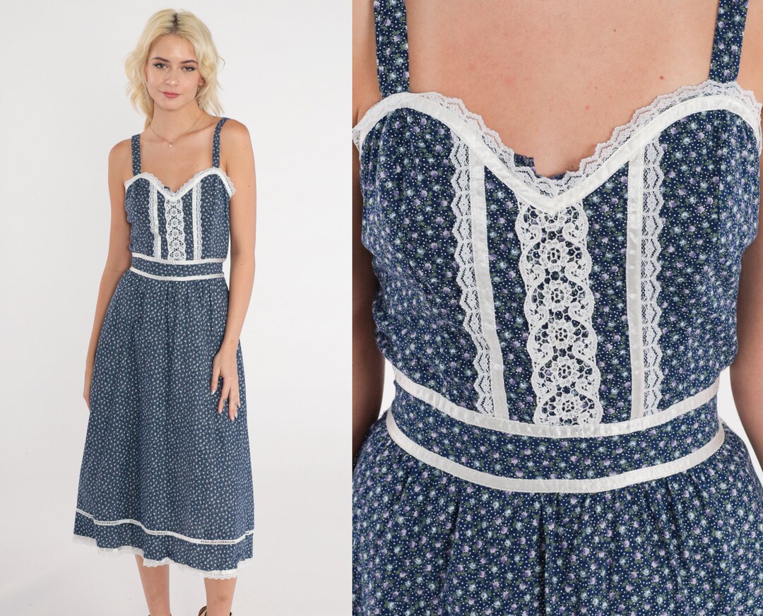 Gunne Sax Dress 70s Prairie Sundress Navy Blue Calico Floral Lace Trim ...
