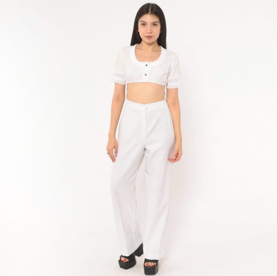 70s White Trousers High Rise Wide Leg Straight Pants Button Waist Pleated Slacks Minimal Office Dressy Vintage Bottoms Off White Large L