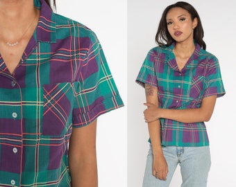 Plaid Blouse 90s Button Up Shirt Short Sleeve Collared Top Checkered Preppy Casual Summer Green Purple Chest Pocket Vintage 1990s Medium M