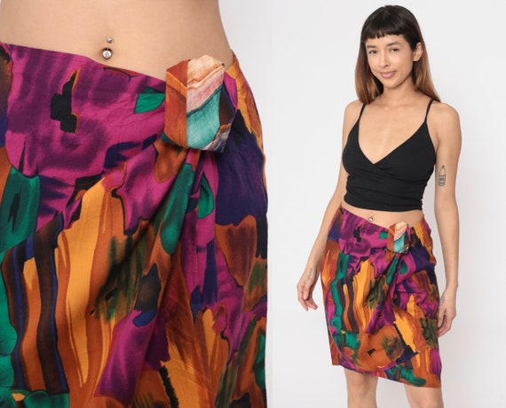 90s Abstract Skirt Faux Wrap Skirt Watercolor Brushstroke Art Print Hippie Festival Skirt Vintage 1990s Elastic Waist Sue Brett Medium Large