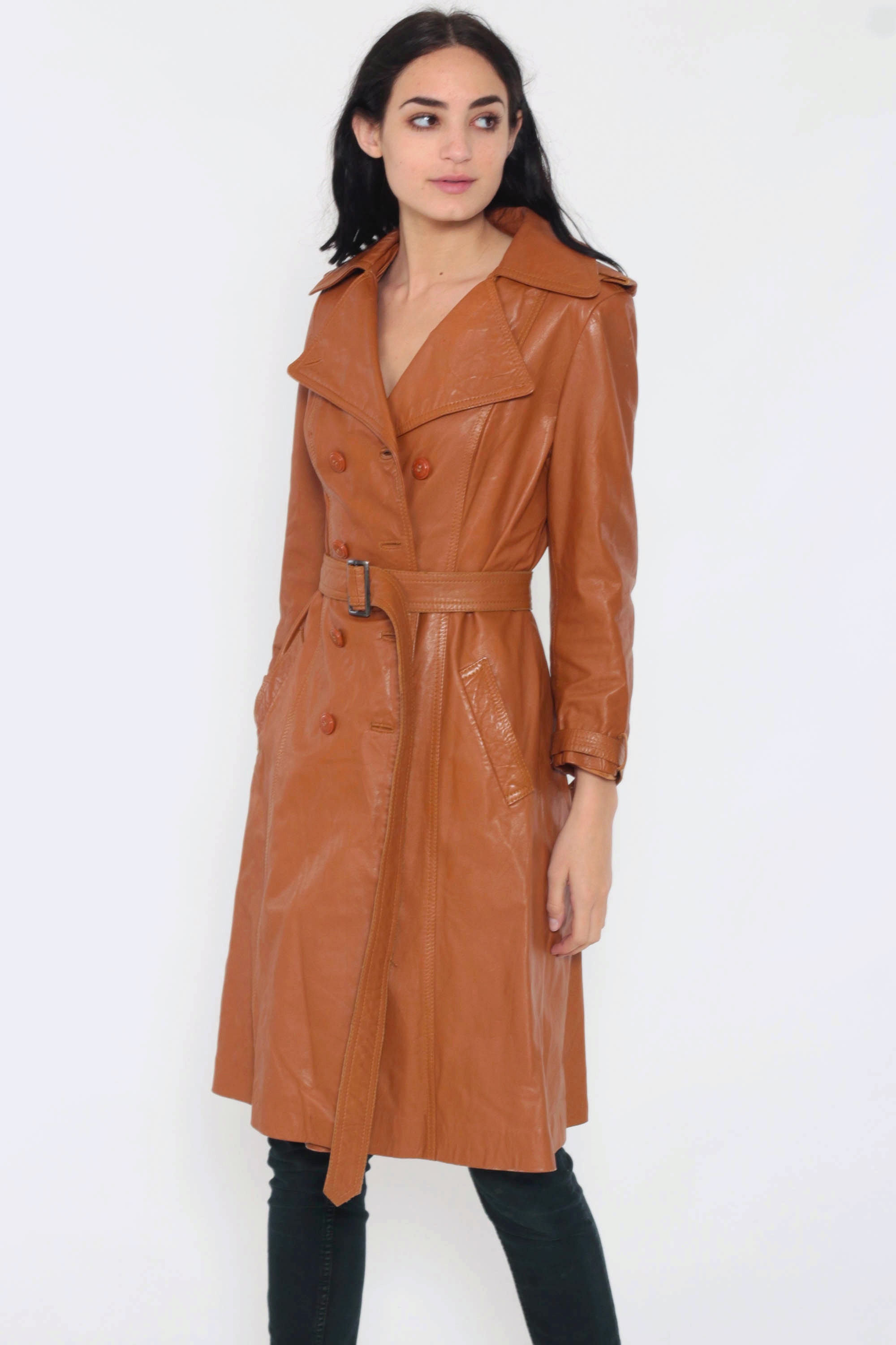 70s Leather Jacket Brown Belted Trench Coat Double Breasted Boho Hippie Jacket 1970s Womens Spy 