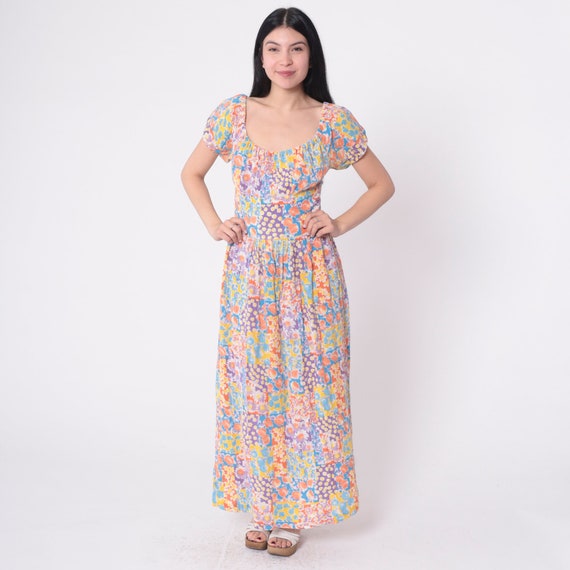 Patchwork Floral Dress 70s Peasant Sundress Maxi Boho Off Shoulder Dress Vintage 1970s Long Bohemian Summer Dress Cottagecore Small S