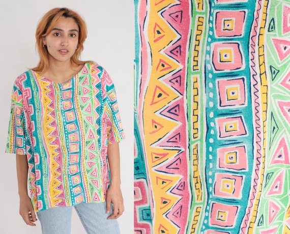 90s Geometric T Shirt Bright Surfer Striped Print Green Blue Pink 1990s Short Sleeve Vintage Streetwear Retro Surf TShirt 2xl xxl 2x