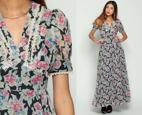 70s Maxi Dress Boho Floral Print PUFF Sleeve CROCHET 1970s Hippie Bohemian Empire Waist Black Blue Festival Vintage Romantic Extra Small xs