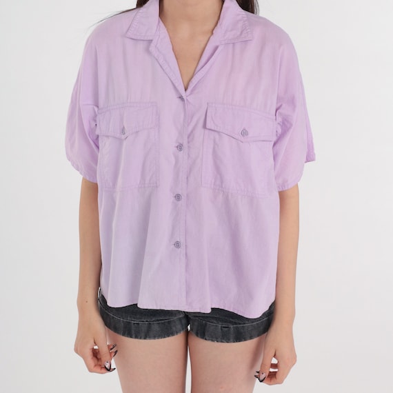 Lilac Blouse 90s Button Up Top Pastel Purple Short Sleeve Collared Shirt Basic Simple Plain Preppy Lavender Cotton Vintage 1990s Medium M