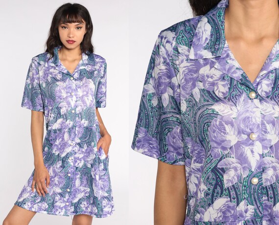 80s Floral Dress Purple White Mini Boho Paisley Dress Short Sleeve Button Up Dress Vintage 1980s High Waisted Bohemian Large L
