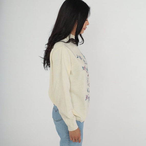 Cream Floral Sweater Y2K Knit Pullover Mock Neck … - image 5