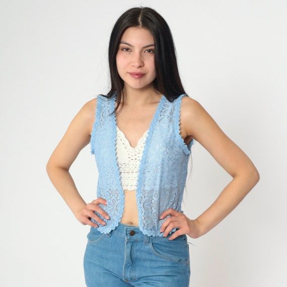 Blue Lace Vest 90s Sheer Floral Tank Top Sleeveless Blouse Open Front Cut Out Hippie Boho See Through Vintage 1990s Small S