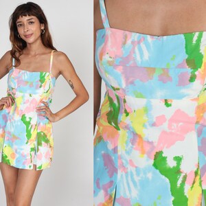 60s One Piece Bathing Suit Mod Psychedelic Swimsuit Pastel Skirted Bright Swim Suit Cotton Pin Up Hippie Retro Skirt Vintage 1960s Medium image 1