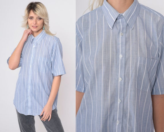 Blue Striped Shirt 80s Button up Shirt Semi-sheer White