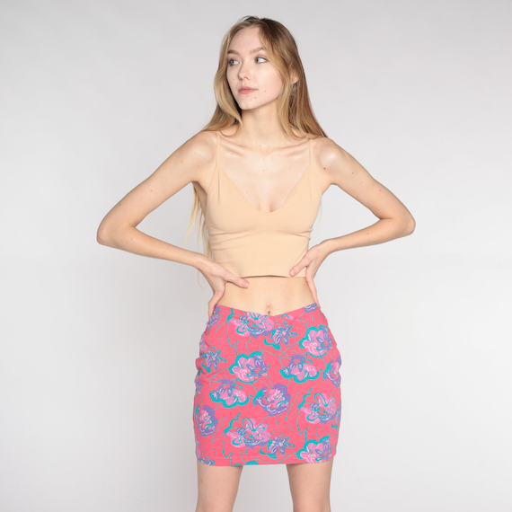 Ocean Pacific Skirt Y2k Pink Floral Mini Skirt High Crossover Waist Fitted Stretchy Tropical Flower Print Purple OP Vintage 00s Medium M
