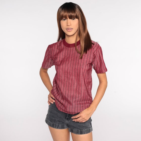 Striped Ringer TShirt -- 70s T Shirt Burgundy Ret… - image 3