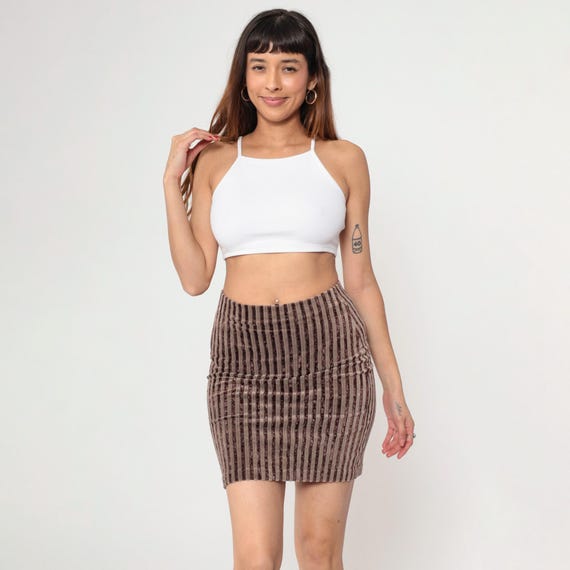 Vintage Velour Bodycon Mini Skirt 90s Brown Striped Stretch Velvet Pencil Skirt High Waisted Skirt Party Retro Boho Basic 1990s Small 6