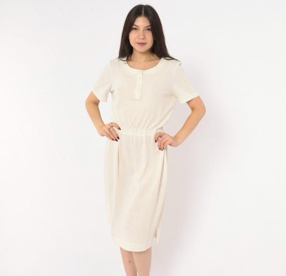 70s Cream Henley Dress Summer Sundress Button Front Short Sleeve Off White Casual Day Frock Minimal Cuffed Tee Style Small To Medium S M