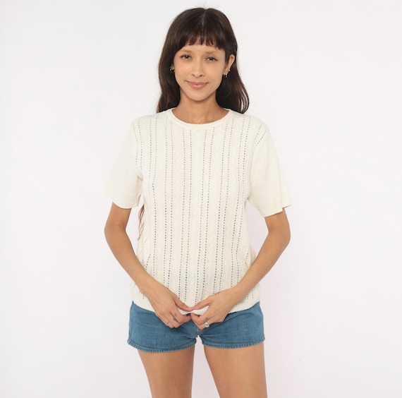 Pointelle Cable Knit Top 80s Cream Short Sleeve Sweater Open Stitch Pullover Vintage Off White Cableknit Blouse Summer Knit Shirt Large L