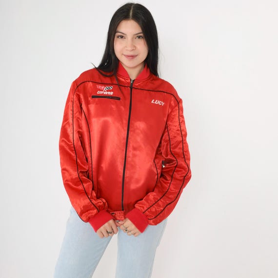 Vintage 80s Red Satin Racing Jacket Lucy Bomber Windbreaker Zip Up Race Car Uniform Shiny Coat Varsity 1980s Medium M