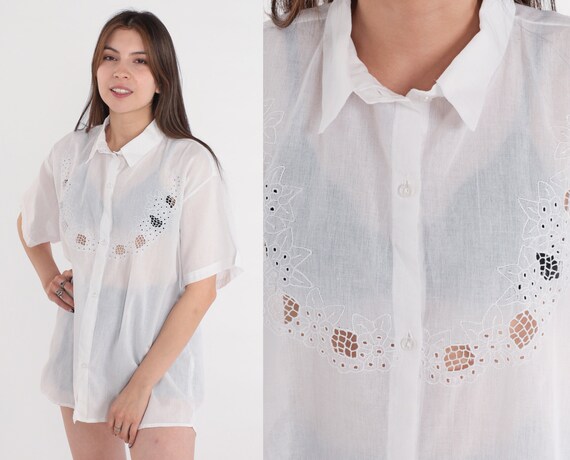 Floral Cut Out Top 90s Semi-sheer White Button up Blouse - Etsy