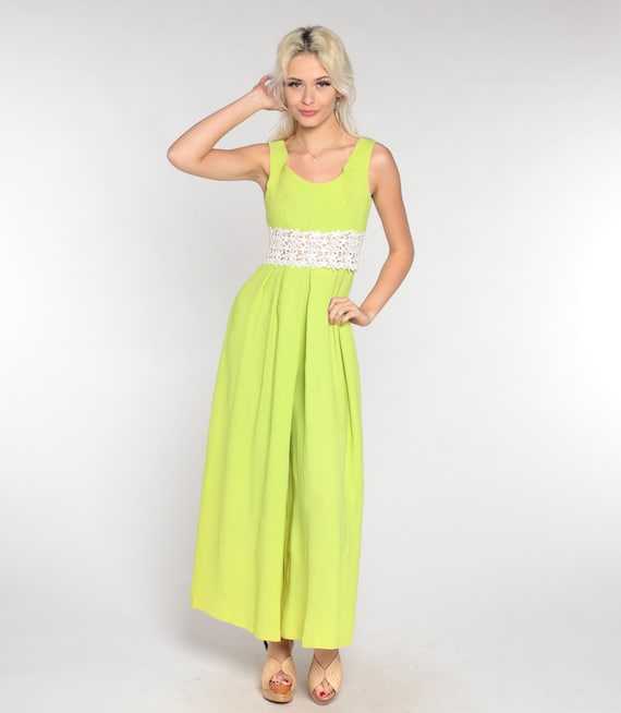 Lime Green Jumpsuit 70s Bell Bottom Pantsuit Floral Crochet Wide Leg Romper Pants Sleeveless Hippie Summer Bohemian Vintage 1970s Small S