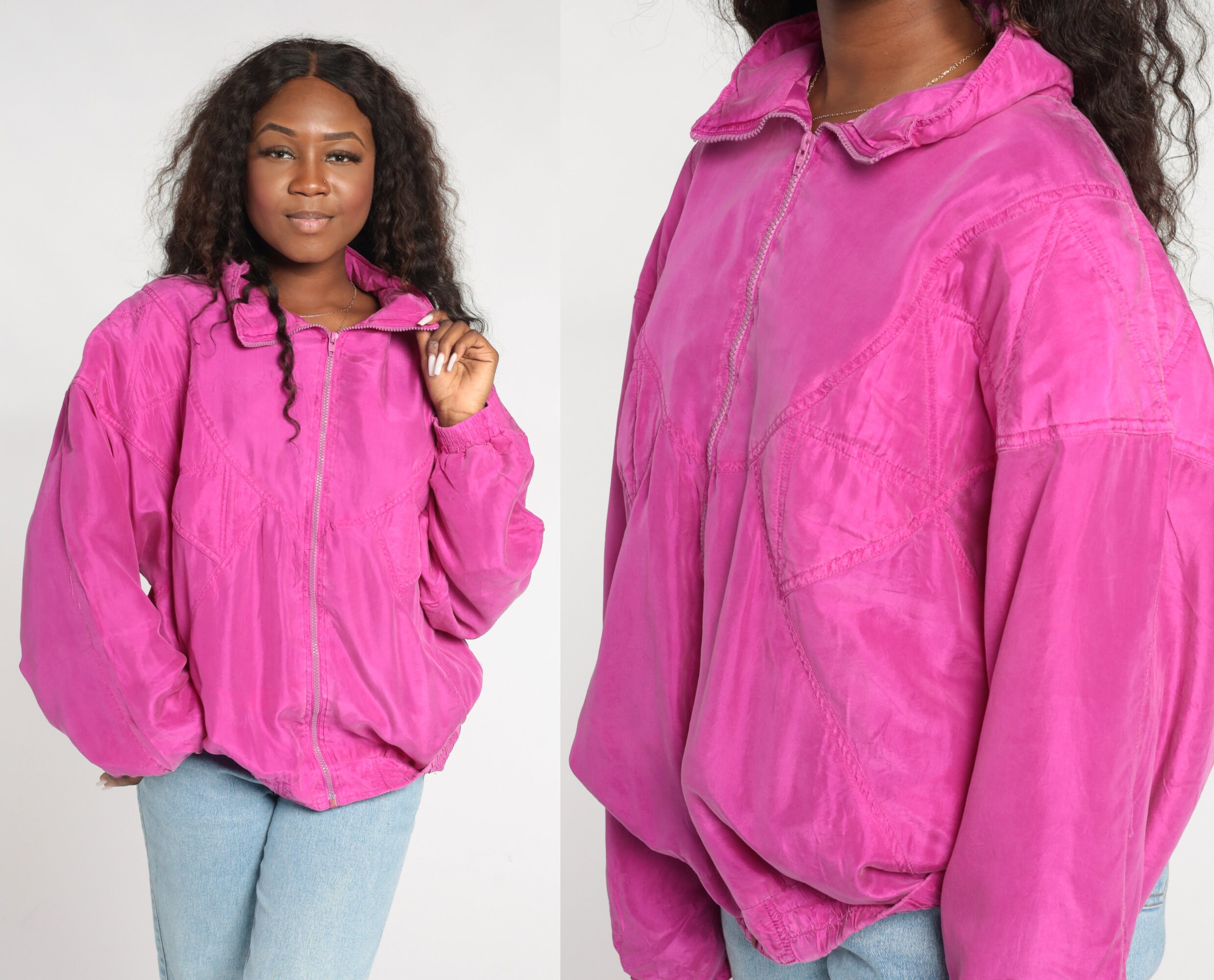 Hot Pink Silk Jacket 90s Zip Up 