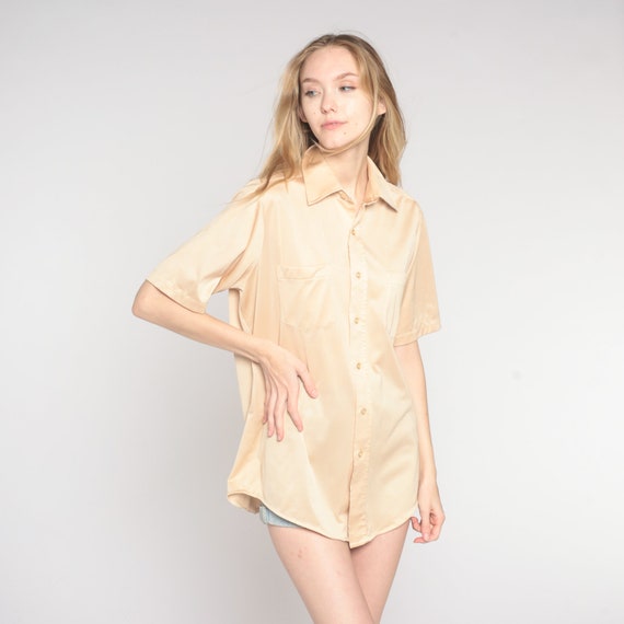 Vintage Champagne Shirt 70s Button Up Collared Top Retro Hippie Disco Plain Hipster Short Sleeve 1970s Montgomery Ward Mens Small 15 1/2
