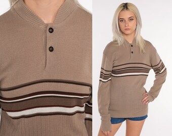 70s Striped Sweater Tan Wool Blend Sweater Knit Slouchy Sweater V Neck Sweater Pullover Jumper 1970s Vintage Retro Tan Brown Extra Small xs