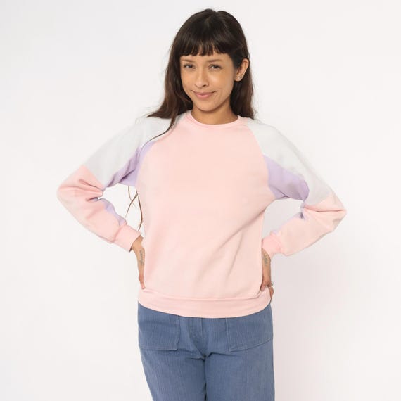 80s Pastel Sweatshirt Color Block Pink Purple White Lavender Cream Crew Neck Long Sleeve Pullover Coquette Fairycore Vintage Extra Small XS