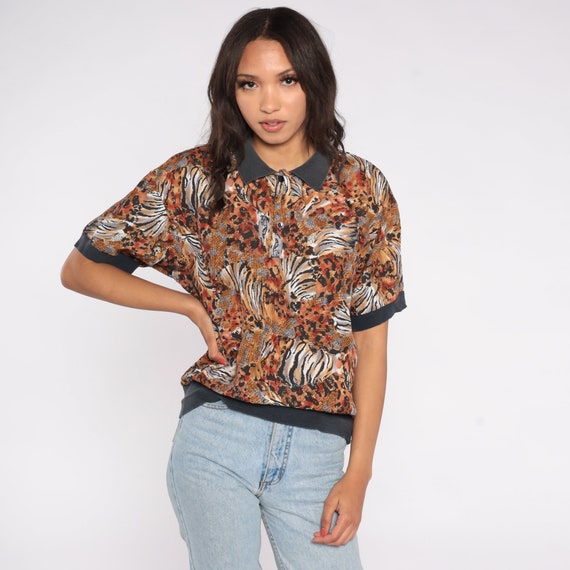 Leopard Polo Shirt -- 90s Animal Print Top Tiger Stripe Slouchy Shirt Quarter Button Up Shirt Vintage Slouch Short Sleeve Shirt Medium
