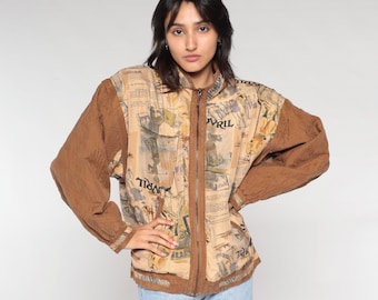 90s Silk Bomber Jacket Brown Bovril Jacket Removable Sleeves Windbreaker Vest Retro Streetwear Statement Novelty Print Vintage 1990s Small S