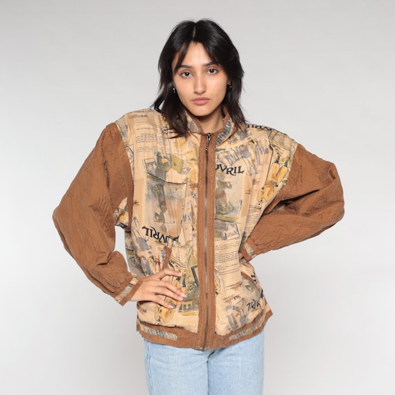 90s Silk Bomber Jacket Brown Bovril Jacket Removable Sleeves Windbreaker Vest Retro Streetwear Statement Novelty Print Vintage 1990s Small S