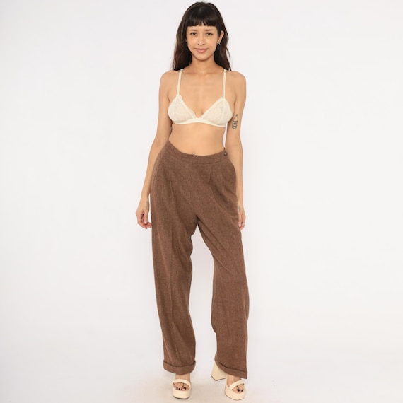 Ralph Lauren Wool Trousers 90s Herringbone Pleated Brown Tan High Waist Pockets Tweed Academic Coffee Tapered Slacks Classy Vintage Large L