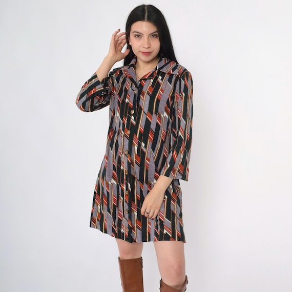 70s Mod Shirtdress Striped Mini Dress Vintage Op Art Button Up Black Grey Long 3/4 Sleeve Dagger Collar 1970s Preppy Shift Medium Large