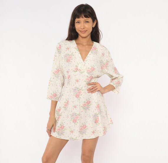 90s Rose Print Mini Dress Cream Floral V Neck Three Quarter Sleeve Rosette  Cottagecore Feminine Pink Blush Garden Party Spring Large L