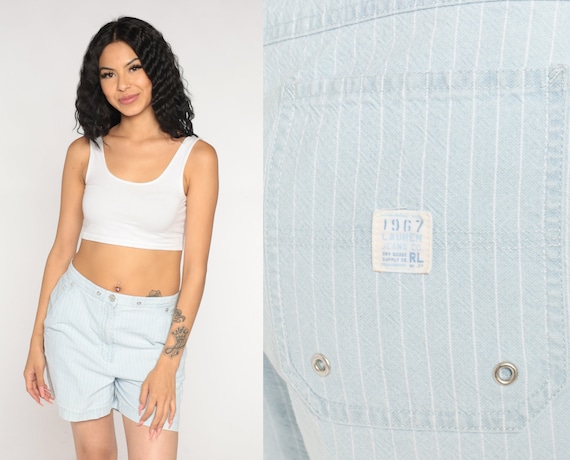 Striped Denim Shorts 90s Ralph Lauren Jean Shorts Baby Blue White High Waisted Retro Basic Mid Length Streetwear Vintage 00s Medium 30