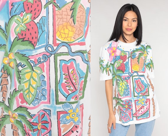 Tropical Fruit Shirt 90s Palm Tree T-Shirt Retro Floral Pineapple Grape Strawberry Graphic Tee Single Stitch Vintage 1990s Medium Large