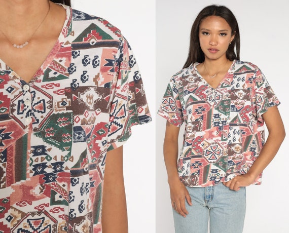 Southwestern Shirt 90s Aztec Henley T-Shirt Southwest Geometric Print Tee V Neck TShirt Short Sleeve Pink Brown Red Vintage 1990s Large L