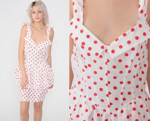 Polka Dot Dress 80s Mini Peplum Dress High Waisted Pencil Retro Secretary Wiggle Sundress Sleeveless Pinup White Red Vintage 1980s Small S