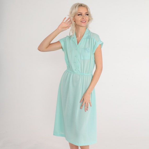 Sheer Mint Dress 70s Midi Shirtdress Dress Floral Embroidered Cutout High Waisted Button Up Secretary Green Vintage 1970s Small Medium