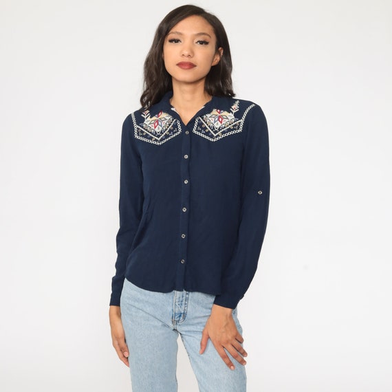 Beaded EMBROIDERED Top Navy Blue Floral Blouse Hippie Shirt Boho Button Up Shirt 90s Vintage Bohemian Long Sleeve Small