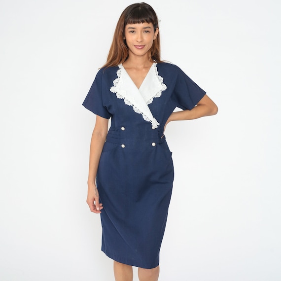 Navy Blue ShirtDress 80s Sheath Dress White Lace Collared Double Breasted Button Up Midi High Waist Retro Vintage 1980s Medium Petite