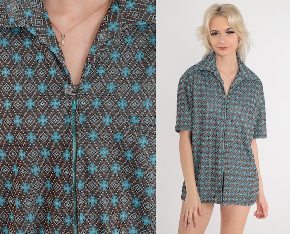 70s Disco Shirt Geometric Tile Print Zip Up Shirt… - image 1