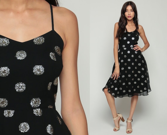 Black Party Dress 70s Boho Midi METALLIC Silver Floral Cocktail 1970s Vintage Bohemian High Waisted Party Spaghetti Strap Extra Small xs