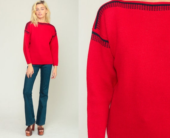 Red Sweater 70s Sweater BOATNECK Sweater Knit Sweater Boat Neck Pullover Jumper Plain 1970s Hipster Vintage Medium Large